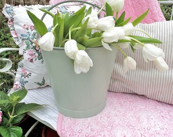 Charming vintage green painted galvanised bucket or planter