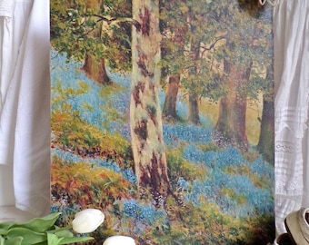 Lovely vintage 1930s oil painting on canvas, bluebell wood