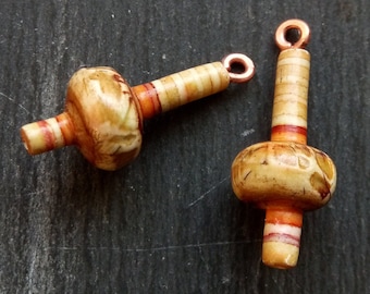 A pair of Stripe Painted, Faux ceramic, Rustic, Primitive, Textured, Turned look Spindle drops in Brown, red, orange and white