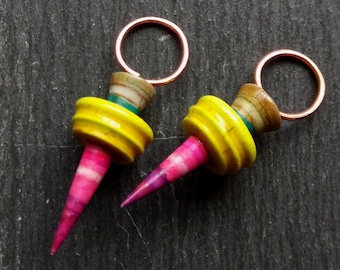 A pair of Stripe Painted, Turned look, Faux ceramic, Rustic, Tribal style Spikes in Yellow, pink, purple, blue and brown