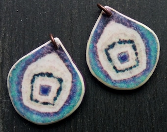 2 Drop shape, Image transfer, Abstract pattern, Rustic Charms with copper wire jump ring loops, in Blue, purple and white