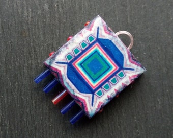 1 Single, Square, Geometric Image transfer, Polymer clay and glass bead, Symmetrical Pattern Charm in Blue, white, purple and green