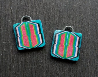 A pair of Abstract Geometric Pattern, Flat, Square, Striped Image transfer Tile beads in Turquoise, pink, green, black, blue and white