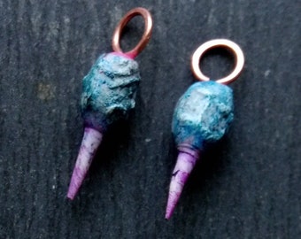 2 Small, Organic Textured, Turned look, Primitive style, Rustic Spike beads or charms, A pair of Blue and pink, Artisan earring charms