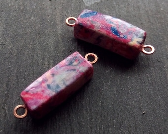 2, Rustic style, Rectangular, Stretched Cube shape, 6 sided, Organic image transfer Connector beads in Pink, blue and purple