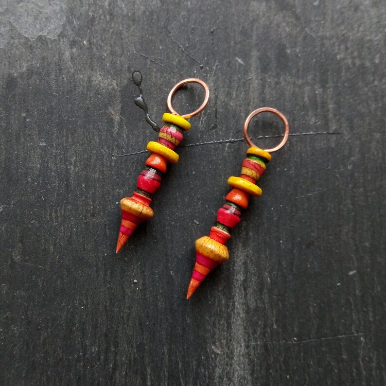 A pair of Stripe Painted, Turned look, Faux ceramic, Rustic, Tribal style Spikes in Yellow, red, pink and orange image 1