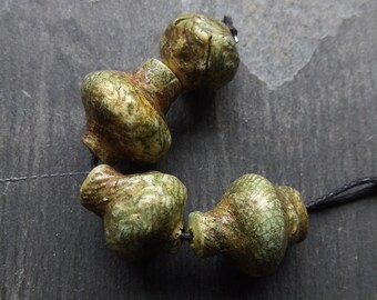 4 Large, Polymer Clay, Grunge textured beads, Big, Rustic, Ethnic, Primitive set in Metallic Green and brown