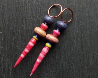 A pair of Stripe Painted, Turned look, Faux ceramic, Rustic, Tribal style Spikes in Pink, purple and blue