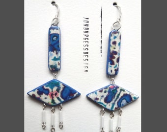 A pair of Long, 2 piece, Polymer clay, Image transfer, Organic Abstract, Abstract pattern Earrings in Blue, pink and white