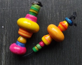 A pair of Large, Stripe Painted, Rustic, Primitive, Turned look, Chunky Spindle tube beads in Yellow, pink, green, orange and blue