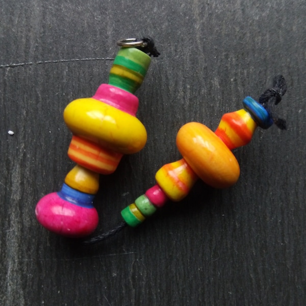 A pair of Large, Stripe Painted, Rustic, Primitive, Turned look, Chunky Spindle tube beads in Yellow, pink, green, orange and blue