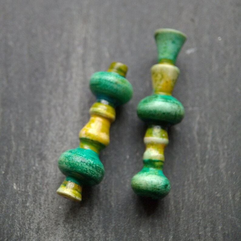 A Pair of Mismatched 2 Colourful Turned look Stripe painted Spindle beads Boho tube beads in Turquoise green and yellow