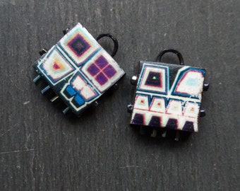 A pair of Polymer clay and Glass bead, Geometric Pattern, Flat, Square, Image transfer Tile beads in Black, white, pink, purple and blue