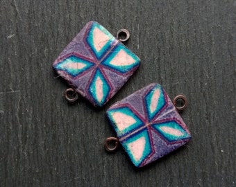 A pair of Abstract, Symmetrical Geometric Pattern, Flat, Square, Image transfer Tile bead connectors in Turquoise, purple and white