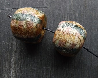 2 Large, Wood and Polymer Clay, Distressed, Painted and Textured beads, Rustic, Ethnic, Primitive, Brown grey and white Large hole beads