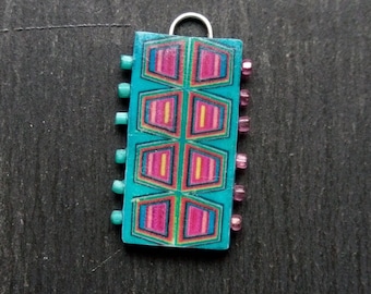 1 Single, Rectangular, Image transfer, Polymer clay and glass bead, Turquoise, pink, yellow and blue, Symmetrical Geometric pattern charm