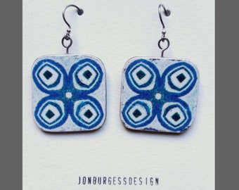 A pair of Large, Square, Polymer clay, Image transfer, Abstract pattern Statement Earrings in Blue and white