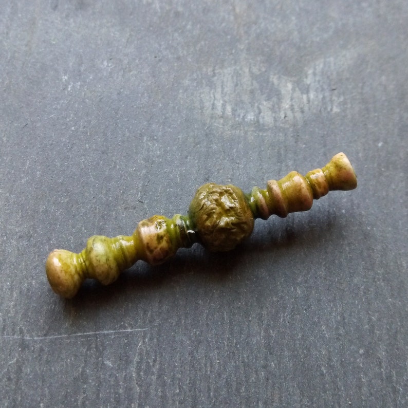 A Single Turned look Boho spindle drop bead in Green and brown Part textured A Rustic SALE Tribal style Tube bead