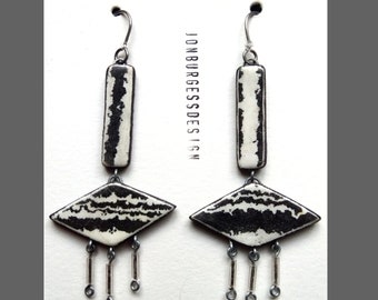 A pair of Long, 2 piece, Polymer clay, Image transfer, Organic Abstract, Abstract pattern Earrings in Black and white