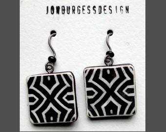 Two Square, Polymer clay, Boho Tribal Style, Primitive, African inspired, Geometric Abstract pattern Earrings in Black and white