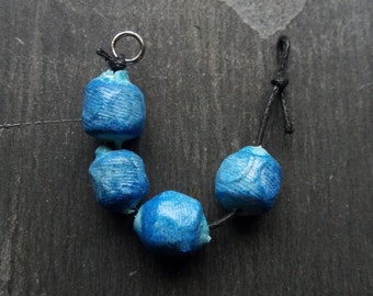 4 Polymer Clay, Grunge textured beads, Rustic, Ethnic, Primitive set in Blue and white