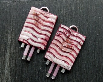 A pair of Abstract, rectangular, Polymer clay and glass bead, Textured and painted Tile beads in Purple, pink and white