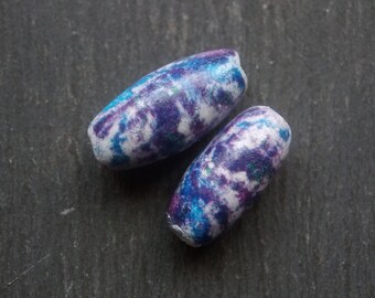 2 Turned look, Painted, Wood core, Faux ceramic, Image transfer, Ethnic style Oval Tube beads in Blue, purple and white