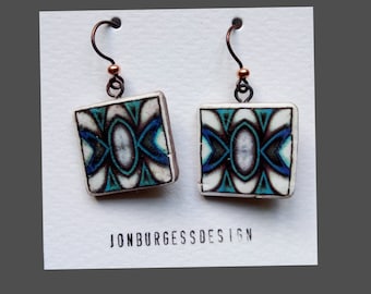 Two Square, Polymer clay, Boho Tribal Style, Primitive, Geometric Abstract pattern Statement Earrings in Turquoise, black, blue and white