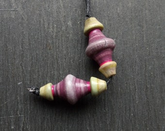 A pair of Polymer clay, Stripe Painted, Turned look, Faux ceramic Spindle beads in Purple, green and pink