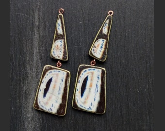 A pair of long, Abstract Pattern, Flat, 2 piece, Image transfer tile pendant drops in Brown, white, pink and blue