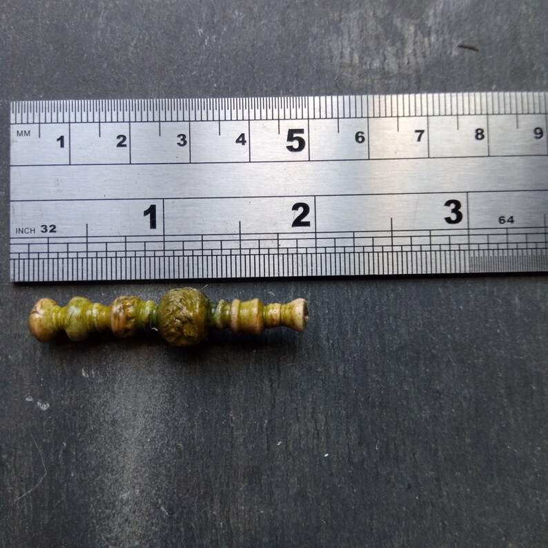 A Single Turned look Boho spindle drop bead in Green and brown Part textured A Rustic SALE Tribal style Tube bead