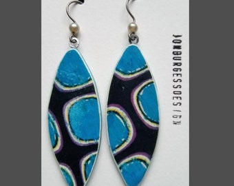 A pair of Long, Polymer clay, Image transfer, Organic Abstract, Dot pattern, Oval shape Earrings in Blue, black, purple and white