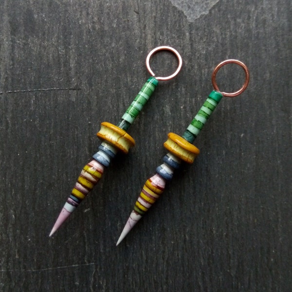 A pair of Long, Stripe Painted, Turned look, Faux ceramic, Rustic, Tribal style Spikes in Green, yellow, purple and grey