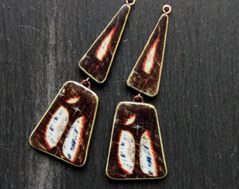 A pair of long, Abstract Pattern, Flat, 2 piece, Image transfer tile pendant drops in Brown, white, orange and blue