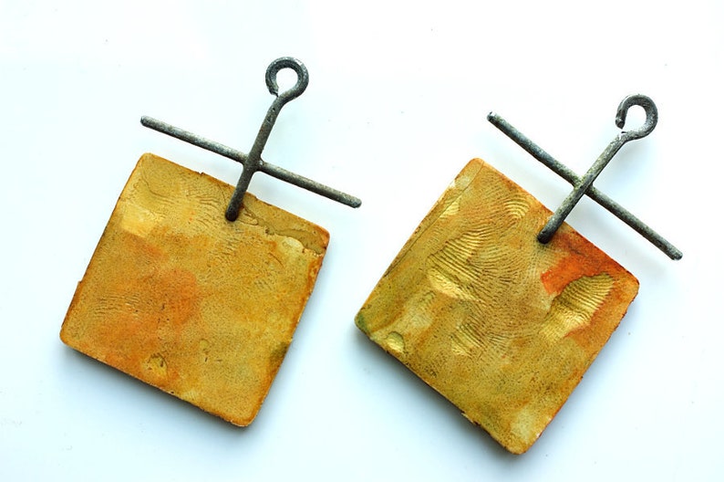Textured Polymer clay and Upcycled wire Square Rustic green and black Ancient look Industrial Boho beads or charms in yellow 2 large
