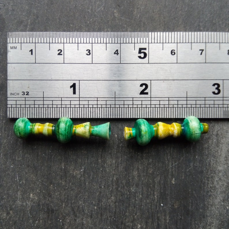 A Pair of Mismatched 2 Colourful Turned look Stripe painted Spindle beads Boho tube beads in Turquoise green and yellow