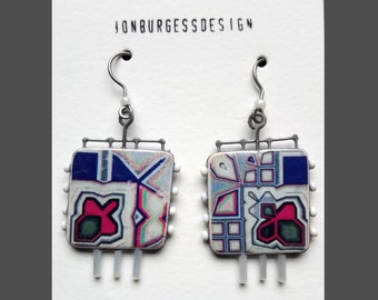 A pair of Polymer clay, Upcycled wire and glass bead, Image transfer, Geometric pattern, Square Earrings in Blue, red and white
