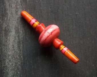 One Single, Turned look, Stripe painted, Tribal style Rounded Bicone Tube bead, A Simple, Boho spindle drop bead in Pink, purple and orange