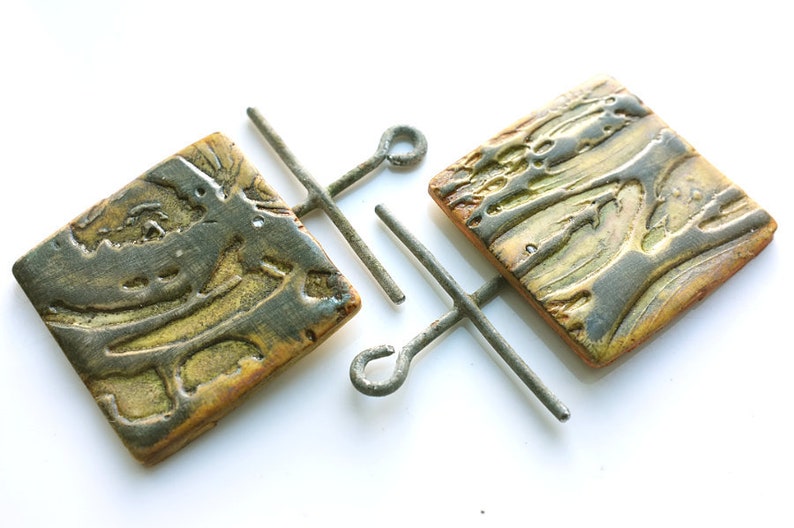 Textured Polymer clay and Upcycled wire Square Rustic green and black Ancient look Industrial Boho beads or charms in yellow 2 large