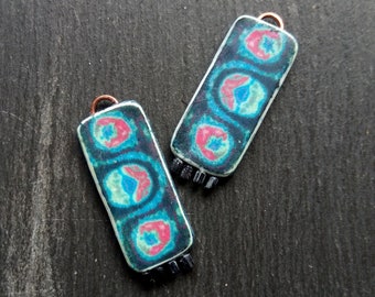 2 Rectangular, Abstract Image transfer, Polymer clay and glass bead, Organic pattern, Wearable art Charms in Blue, black, pink and green