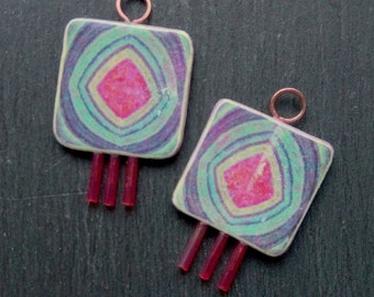 2 Square, Image transfer, Polymer clay and glass bead, Abstract pattern, Wearable art Charms in Pink, green, purple and white