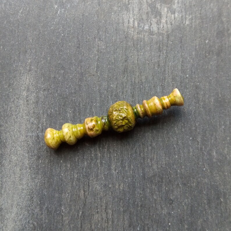 A Single Turned look Boho spindle drop bead in Green and brown Part textured A Rustic SALE Tribal style Tube bead