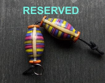 RESERVED for Kelly - A pair of large, Polymer clay, Stripe Painted, Turned look, Faux ceramic Oval beads in Yellow, pink, purple and orange