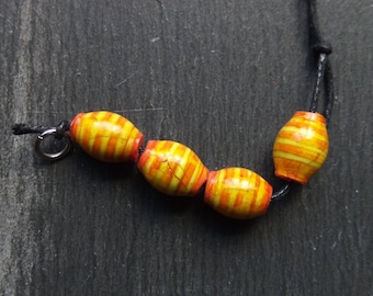4, Simple, Oval, Polymer clay, Stripe painted Barrel or Tube beads in Orange, yellow and red