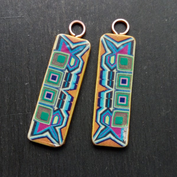 2 Large, Rectangle, Image transfer, Yellow, blue, black and green, Abstract Geometric pattern, Rustic Drop charms with copper wire loops