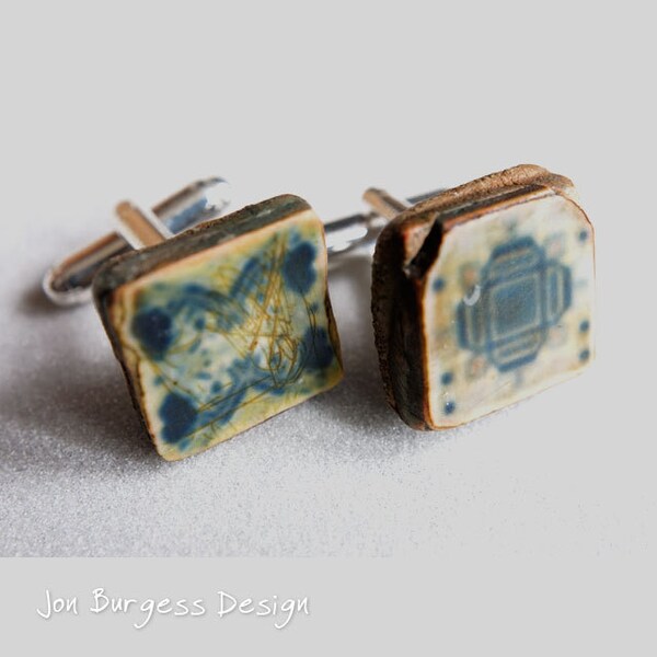 Tile cufflinks, Blue & white, Rustic cufflinks, Square cufflinks, Geometric cufflinks, Abstract cufflinks, Ethnic man jewelry, Art cufflinks