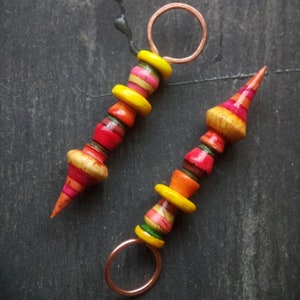 A pair of Stripe Painted, Turned look, Faux ceramic, Rustic, Tribal style Spikes in Yellow, red, pink and orange image 2