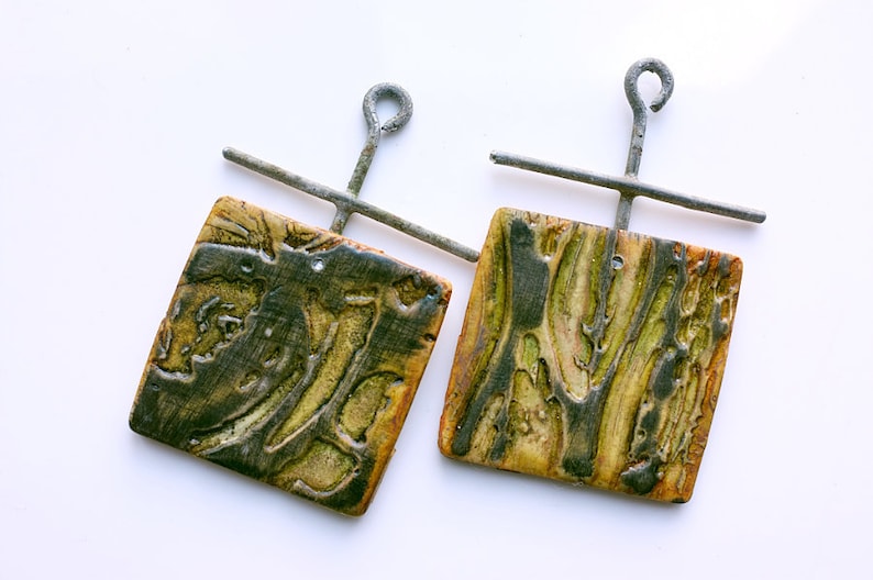 Textured Polymer clay and Upcycled wire Square Rustic green and black Ancient look Industrial Boho beads or charms in yellow 2 large