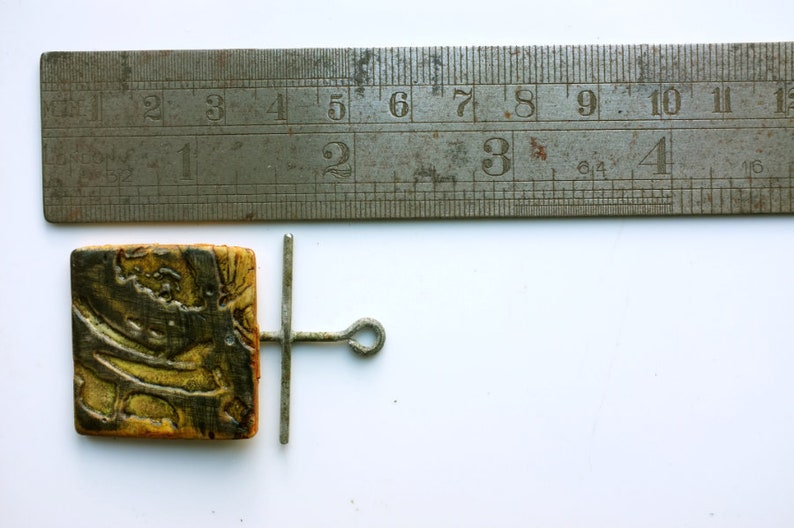 Textured Polymer clay and Upcycled wire Square Rustic green and black Ancient look Industrial Boho beads or charms in yellow 2 large