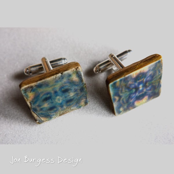 Square cufflinks, Blue white Large cufflinks, Geometric cufflinks, Polymer cufflinks, Abstract cufflinks, Artisan cufflinks Boho Man jewelry